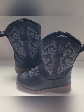 Kids PAWZ Black Cowboy Boots with White Stitching